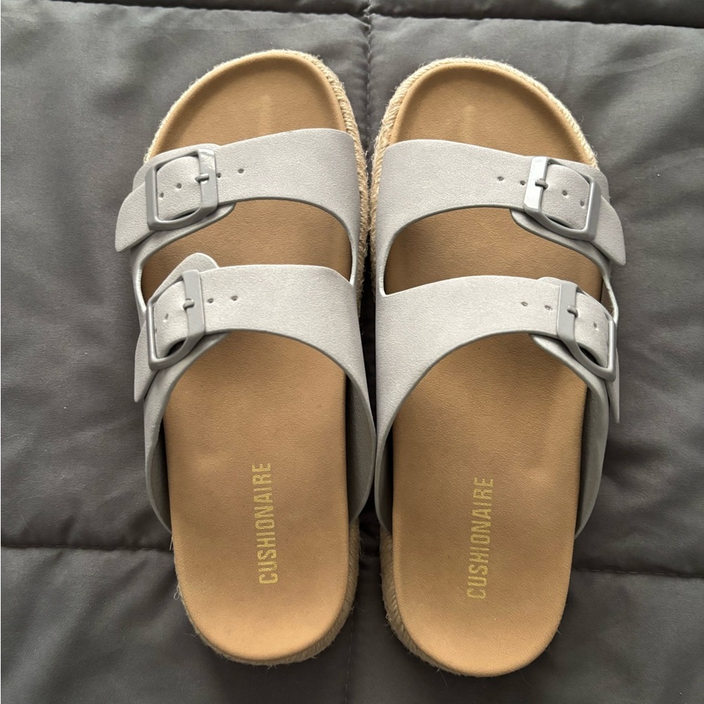 Gray slip on sandals